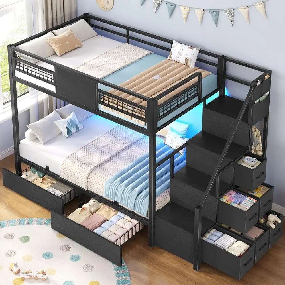 BTHST Bunk Bed Twin Over Twin with Stairs, LED Lights Twin Bunk Bed with 2 Storage Ders & 6 abric Ders, Metal Twin Lot Beds with