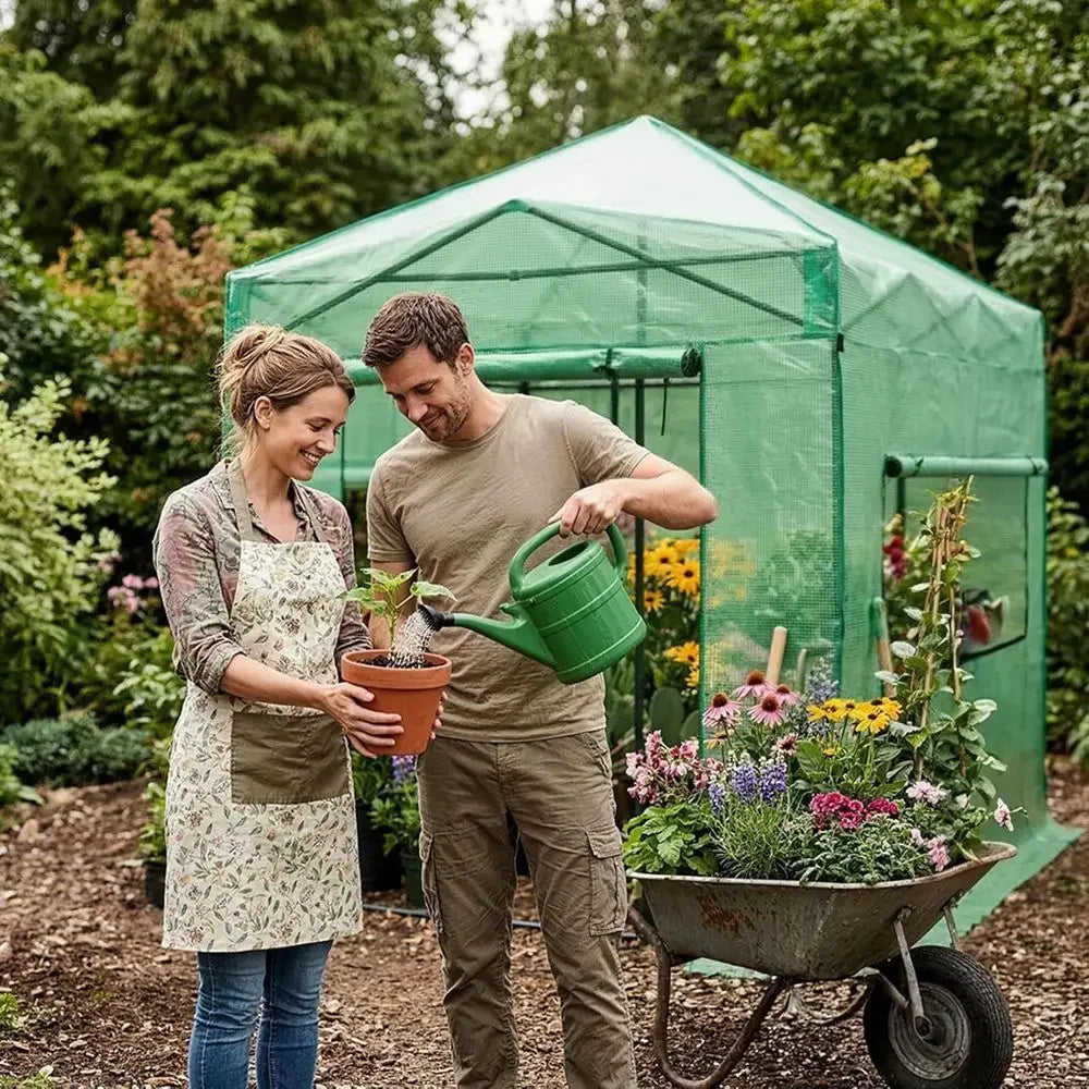 Portable 8x6 Greenhouse for Outdoor Gardening with Steel Frame, PE Cover, Roll-Up Door, and Mesh Vent Windows - Green