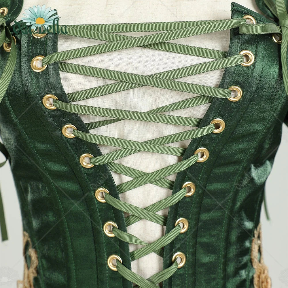 US Stock DAIZBELLA Women's Medieval Renaissance Costume Elf Style Only Green Dress with Sleeves for Halloween Cosplay Costume