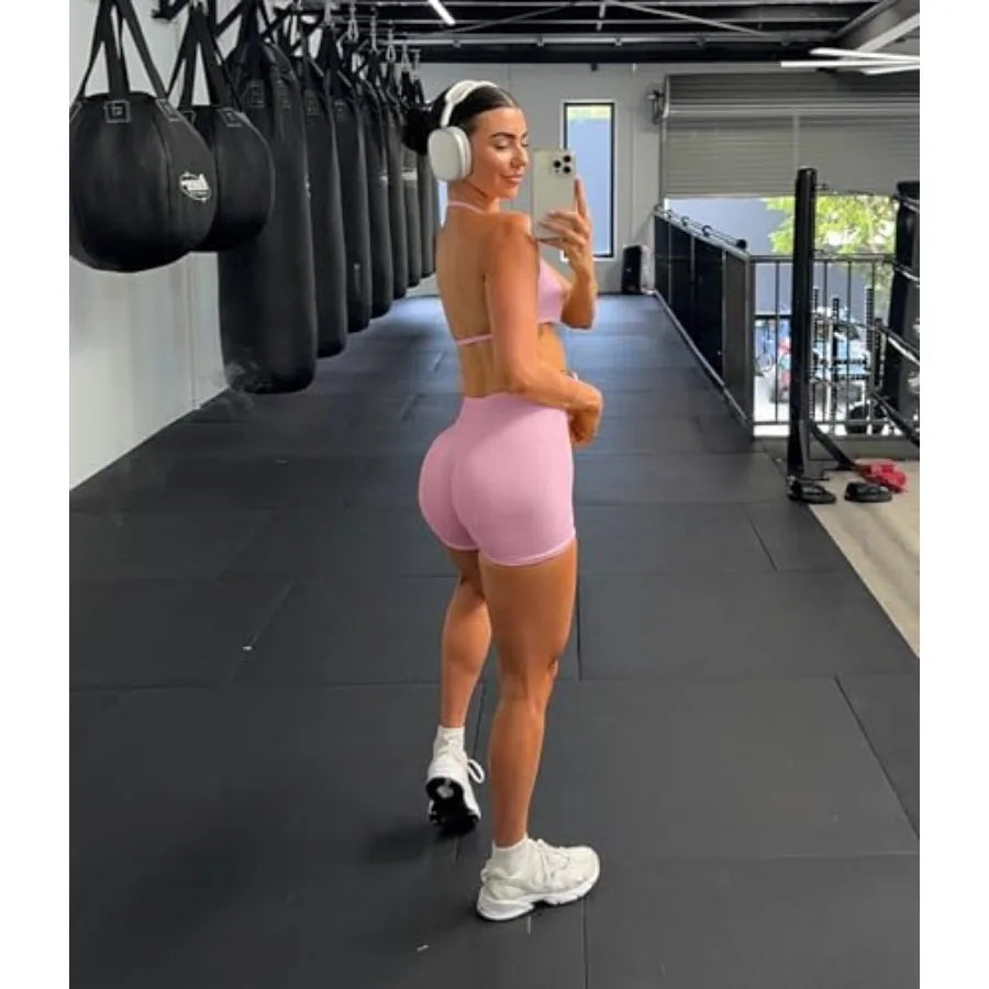 Comper 2 Pcs Workout Sets for Women Halter Strappy Sports Bra with Seamless Ribbed Gym Yoga shorts Outfits