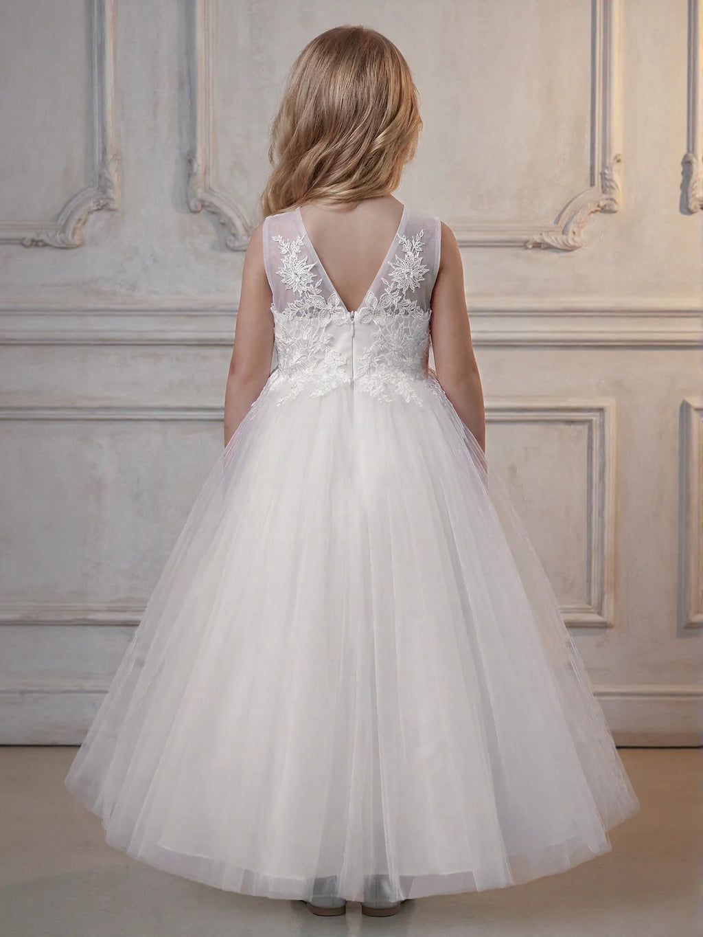 Kids Princess Ivory Short Sleeve Floral Embroidered Tulle Ball Gown Maxi Pageant Dress For Formal Events