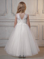 Kids Princess Ivory Short Sleeve Floral Embroidered Tulle Ball Gown Maxi Pageant Dress For Formal Events