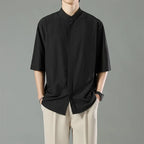 Japanese Stand Collar Non Iron Stretch Shirt Men Summer Loose Solid Short Sleeve Business Casual Daily Office Commute Wear Top Gift