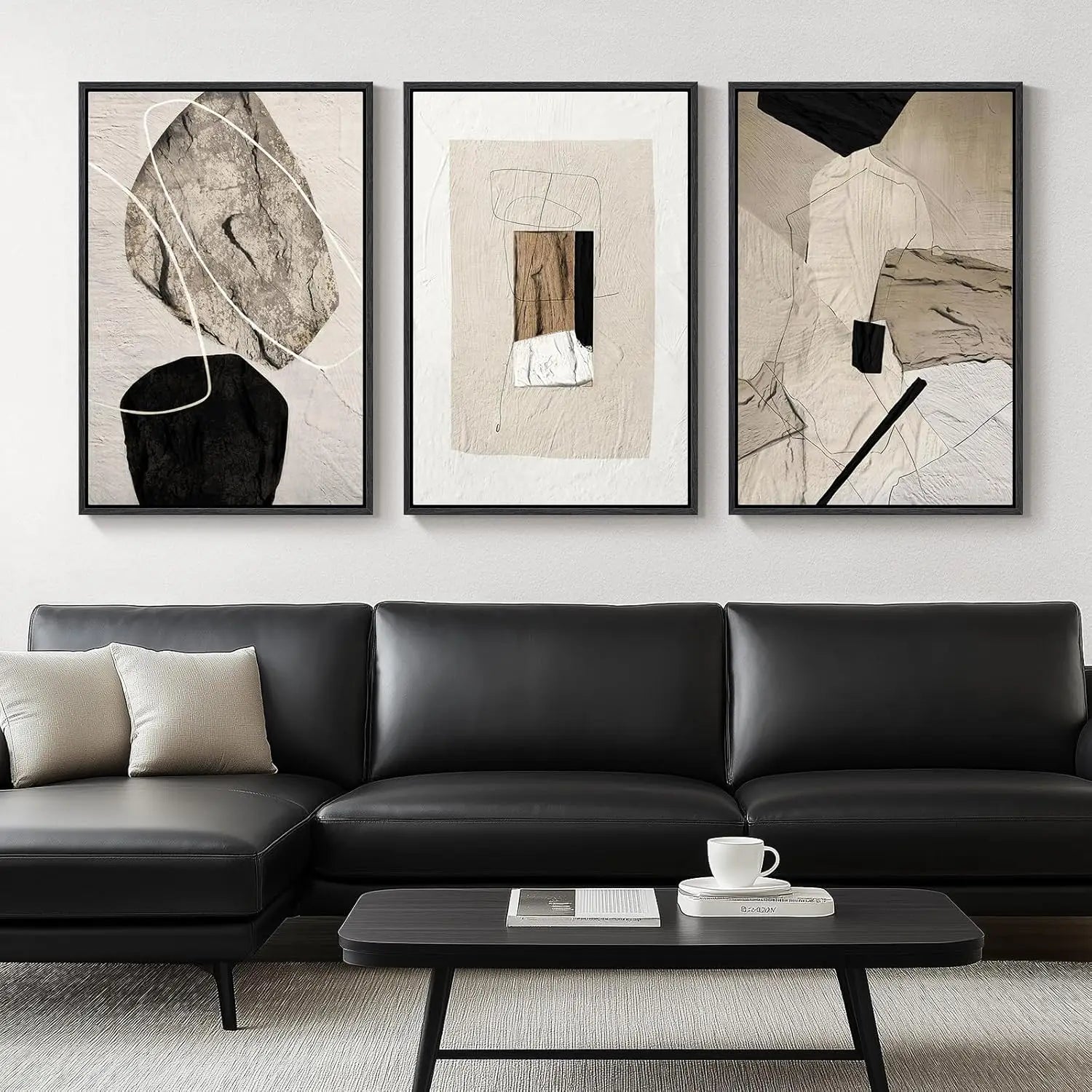 Set of 3 Framed Black Beige Neutral Abstract Canvas Wall Art Prints 24 X 36 Inch, Simple Tone Wall Decor for Living Room Hallway Stair Office Indoor Home Display