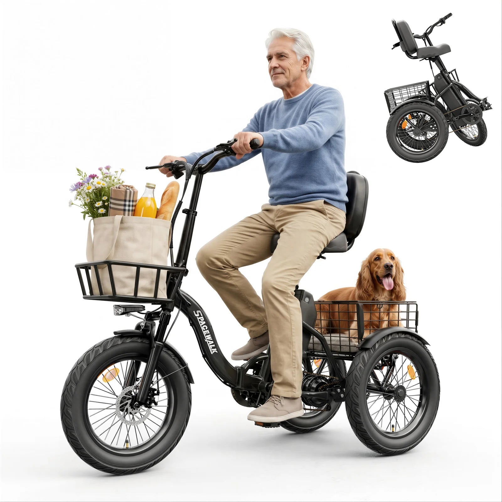 Spacewalk Electric Tricycle for Adults, Folding Trike Bike for Adults | 748.8Wh Removable Battery, Peak 1200W Motor, 18*3.0 Fat Tire, Step-Thru Electric Tricycle, Up to 60 Miles, 18MPH