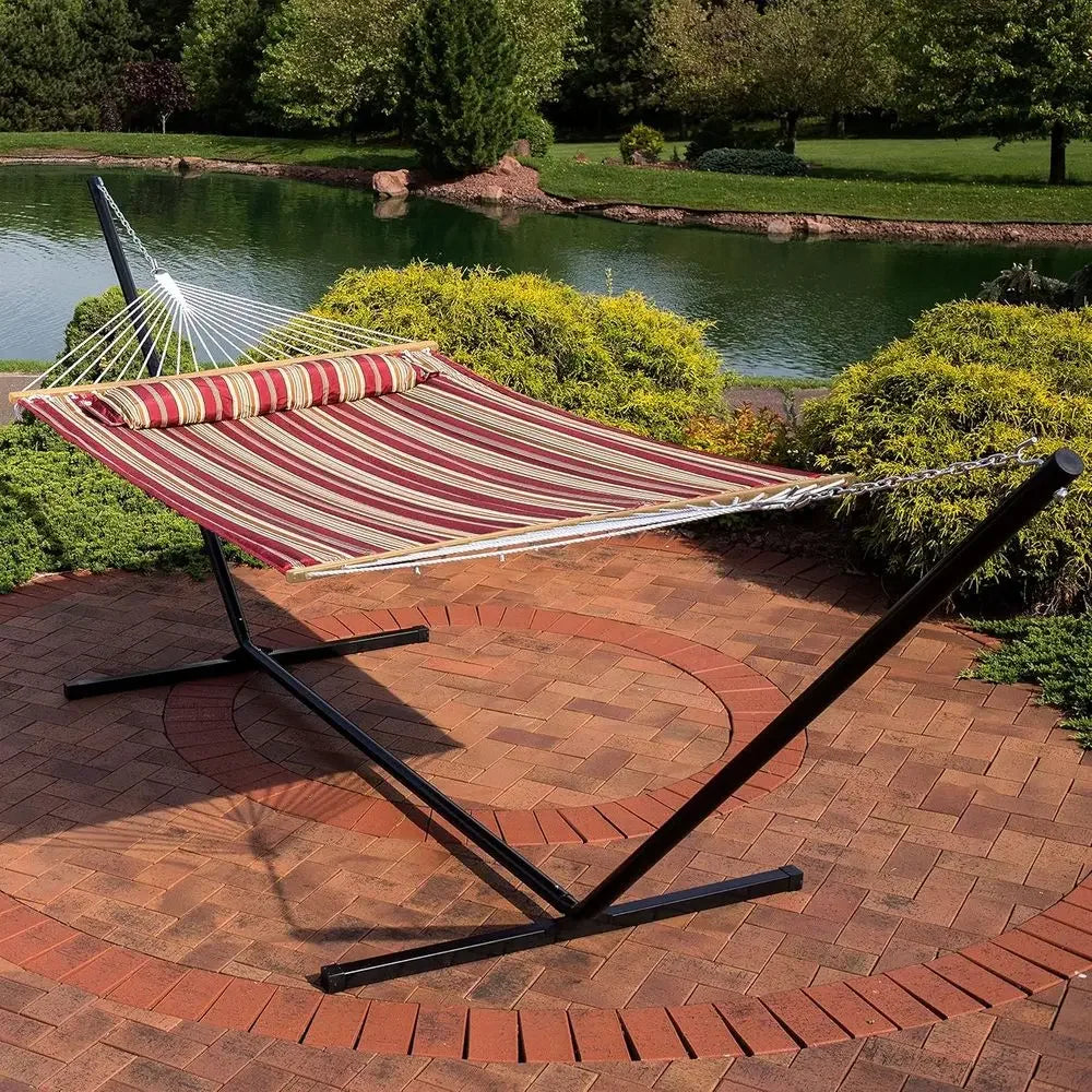 Double Hammock with Stand - 400 lbs Capacity for 2, 15-Foot Stand, Red Stripe Pattern
