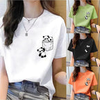 Women Short Sleeve Top Summer New Pocket Panda Cartoon Printed T-shirt Korean Fashion Loose Round Neck Tee