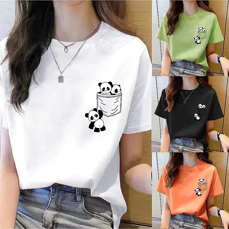 Women Short Sleeve Top Summer New Pocket Panda Cartoon Printed T-shirt Korean Fashion Loose Round Neck Tee