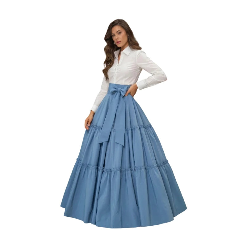 Maxi Skirt High Waist Bow Tiered Ruffle Flared Swing Long Skirt Outfit For Women Party Wedding Guest Elegant Wear
