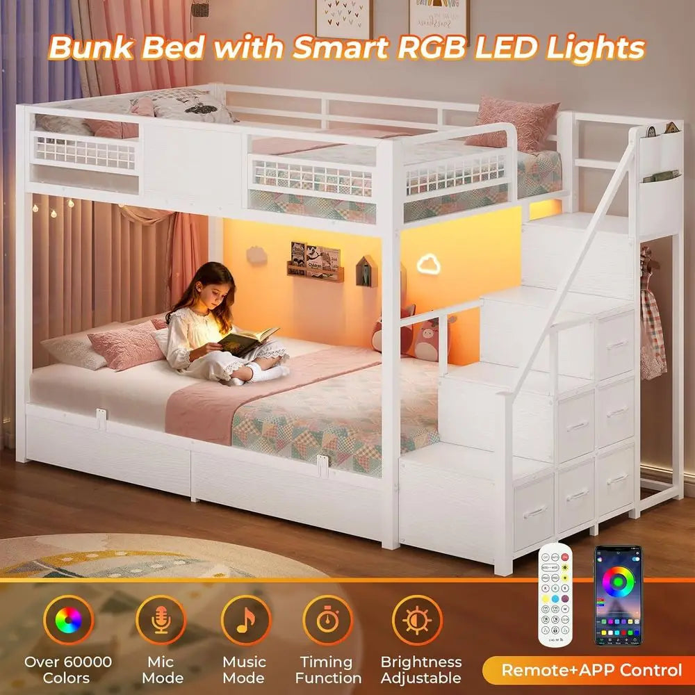 BTHST Bunk Bed Twin Over Twin with Stairs, LED Lights Twin Bunk Bed with 2 Storage Ders & 6 abric Ders, Metal Twin Lot Beds with