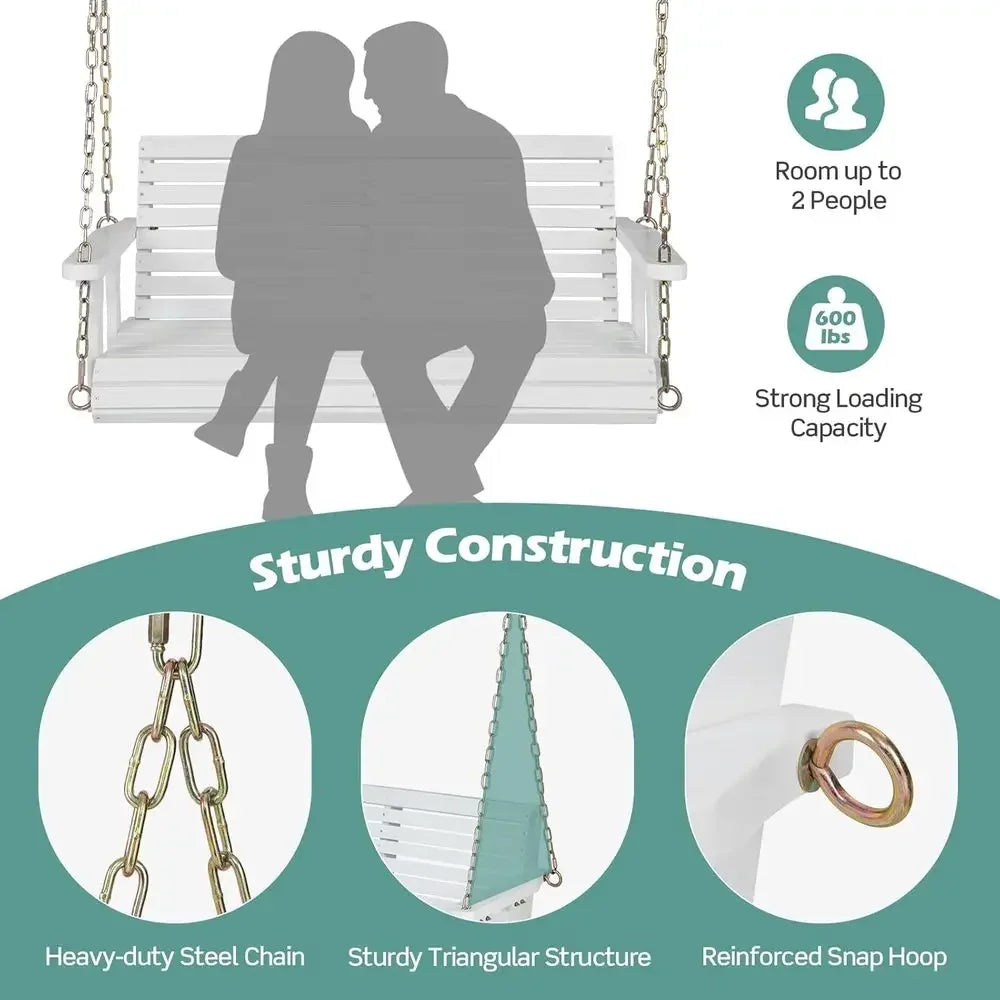 2-Seat Wooden Porch Swing with Hanging Chains, 600 lbs Capacity, for Outdoor, Patio, Garden, Backyard (White)
