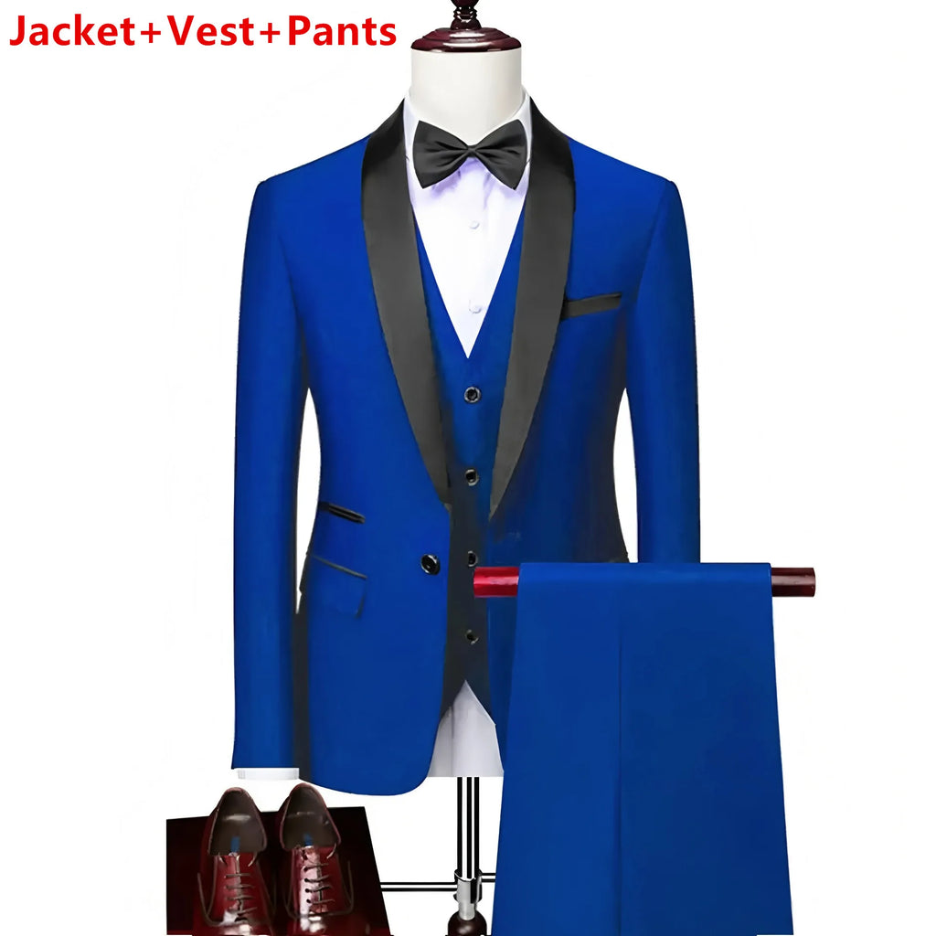 Men Lapel Black Collar 3 Pcs Suit Set Coat Vest Trousers / Business Groom Wedding Dress Fprmal Blazer Pants Waistcoat
