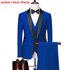 Men Lapel Black Collar 3 Pcs Suit Set Coat Vest Trousers / Business Groom Wedding Dress Fprmal Blazer Pants Waistcoat