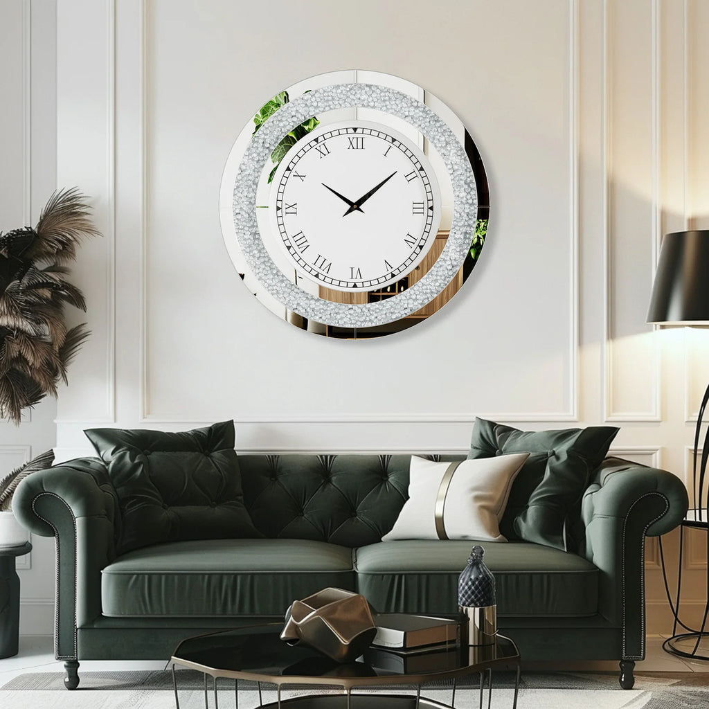 Large Mirror Wall Clock with Crushed Diamond Edge, Sparkling Bling Bling Crystal Round Clock for Living Room, Luxury Glamorous Home Decor, Silent Non-Ticking Quartz, Silver/Tawny Roman Numeral Modern Wall Art