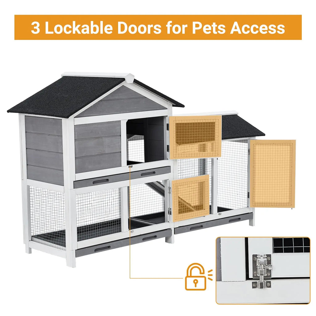58'' Bunny Hutch Indoor Bunny Cage, with 3 Leak-Proof Removable Trays, Wooden Waterproof Roof Rabbit Hutch Indoor/Outdoor, 2-Tier Bunny House/Chicken Coop, Gray and Black