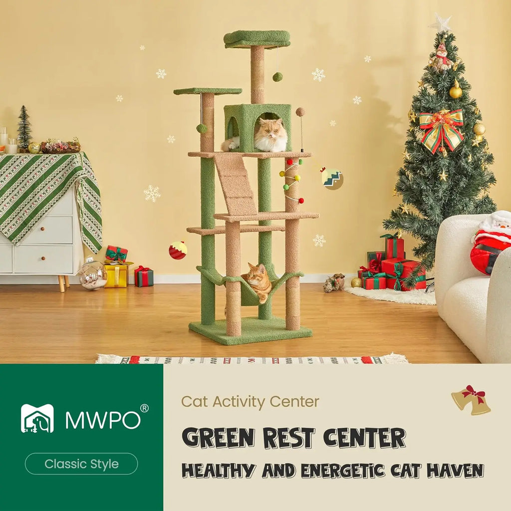 Indoor Cat Tree - 63.8 Inches, Green, Sisal-Covered, with Padded Platform, Hammock and Dangling Toys