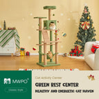 Indoor Cat Tree - 63.8 Inches, Green, Sisal-Covered, with Padded Platform, Hammock and Dangling Toys