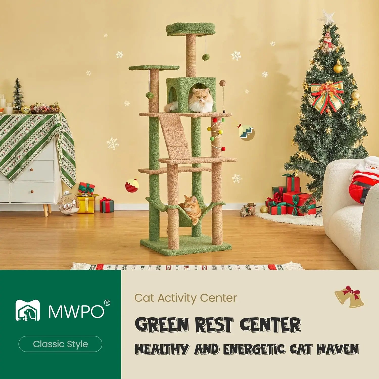Indoor Cat Tree - 63.8 Inches, Green, Sisal-Covered, with Padded Platform, Hammock and Dangling Toys