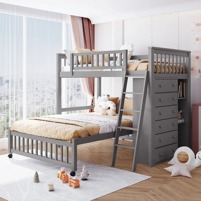 Gray Wooden Twin Over Full Bunk Bed with 6 Drawers and Adjustable Shelves, Bottom Bed on Wheels