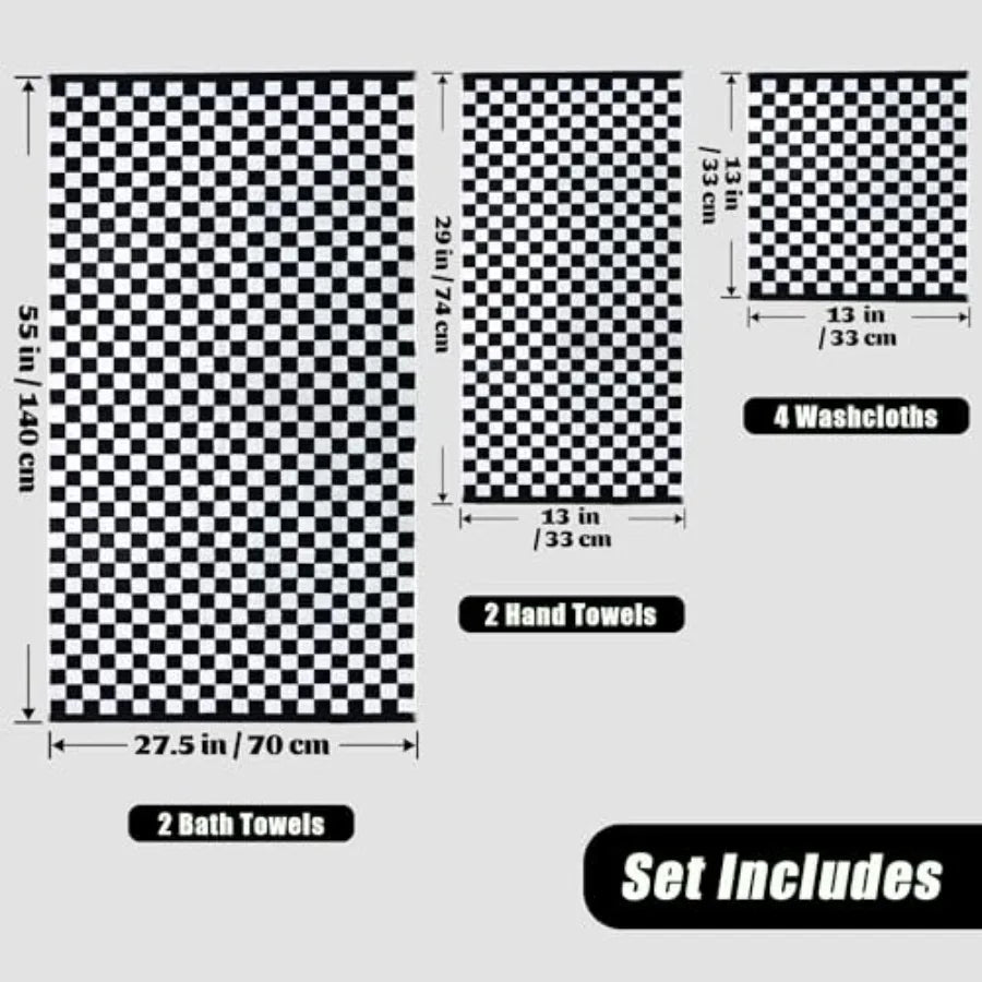 and White Towels Set of 8, Cute Checkered Towels for Bathroom Decor, 2 Bath, 2 Hand, 4 Washcloths, Cotton