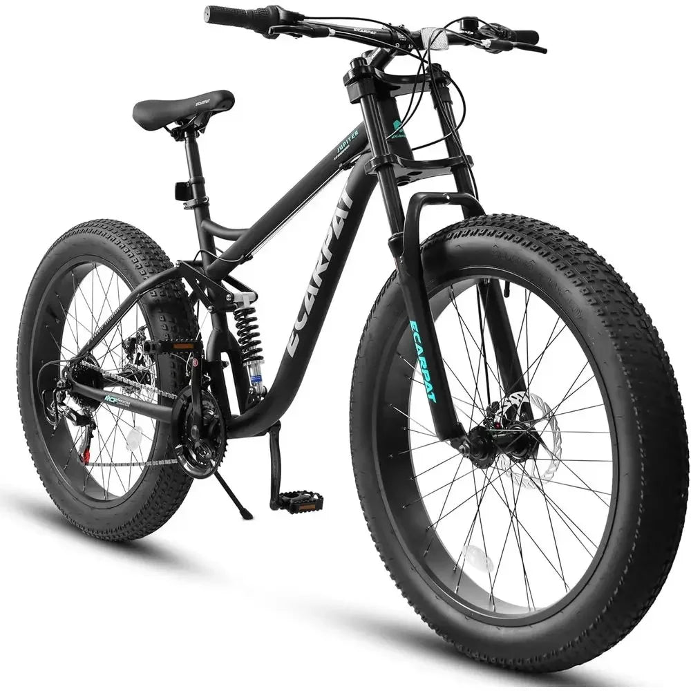 24 Full Suspension Mountain Bike, 21-Speed Dual Disc Brakes, Unisex Steel Frame, Ideal for Trails, Beach, and City Riding
