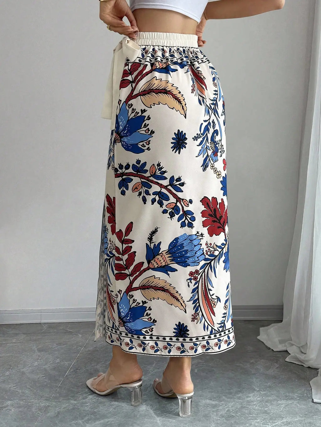 Elenzga Women's Elegant Floral Print Wrap Tie Straight Skirt, Vacation Style