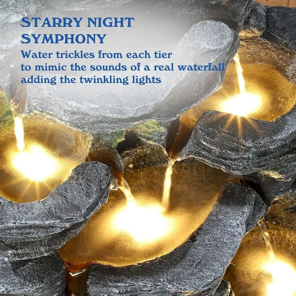 7-Tier Outdoor Garden Waterfall Fountain with LED Lights for Patio, Deck, and Backyard
