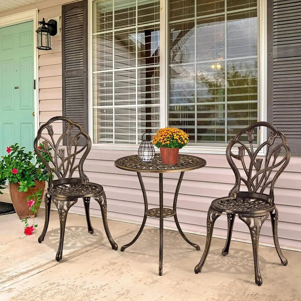 Patio Bistro Sets 3 Piece, Outdoor Rust-Resistant Cast Garden Table and Chairs, Bronze