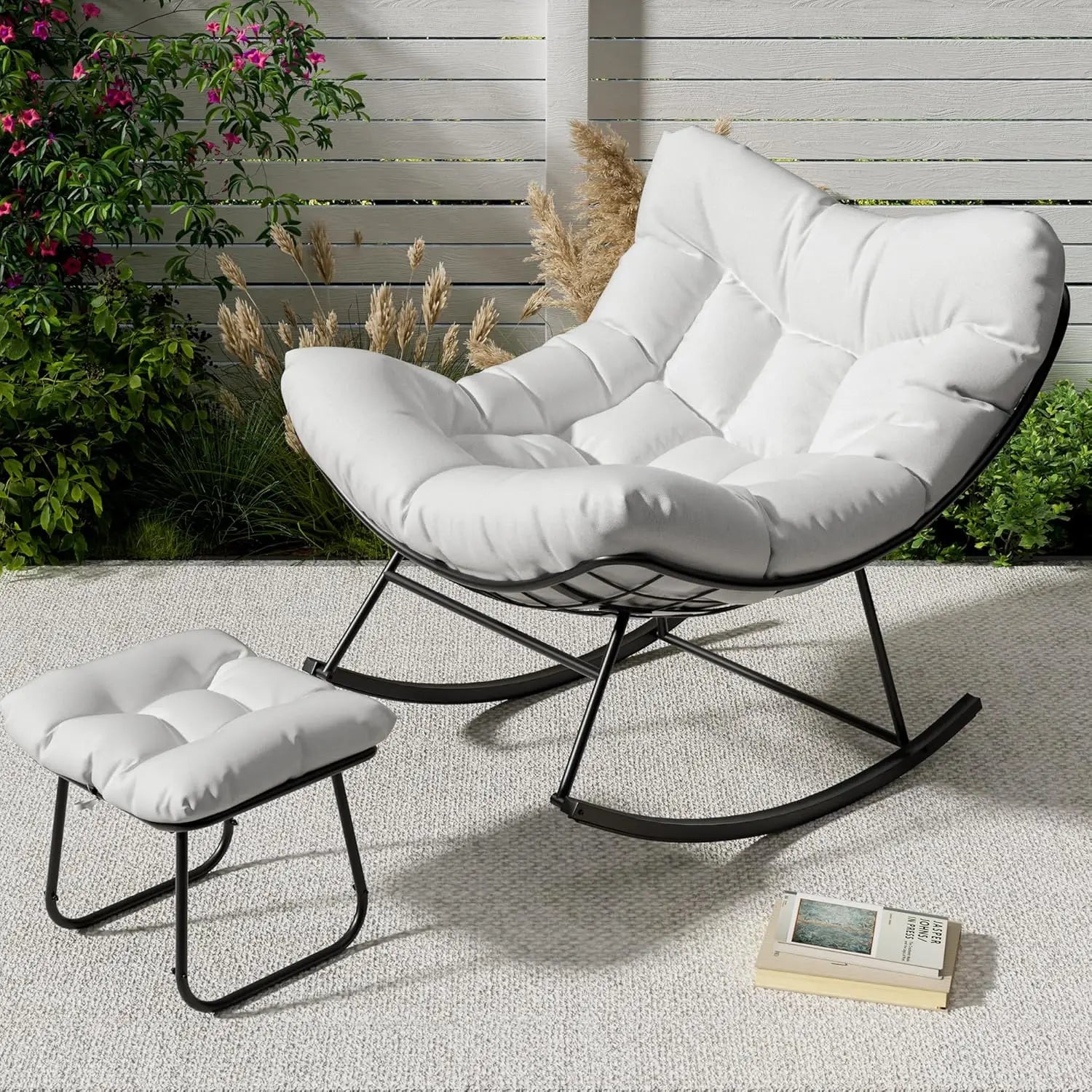 Oversized Papasan Rocking Chair With Footrest, Indoor Outdoor Egg Lounge Rocker, 350LBS Metal Frame For Patio Porch Living Room