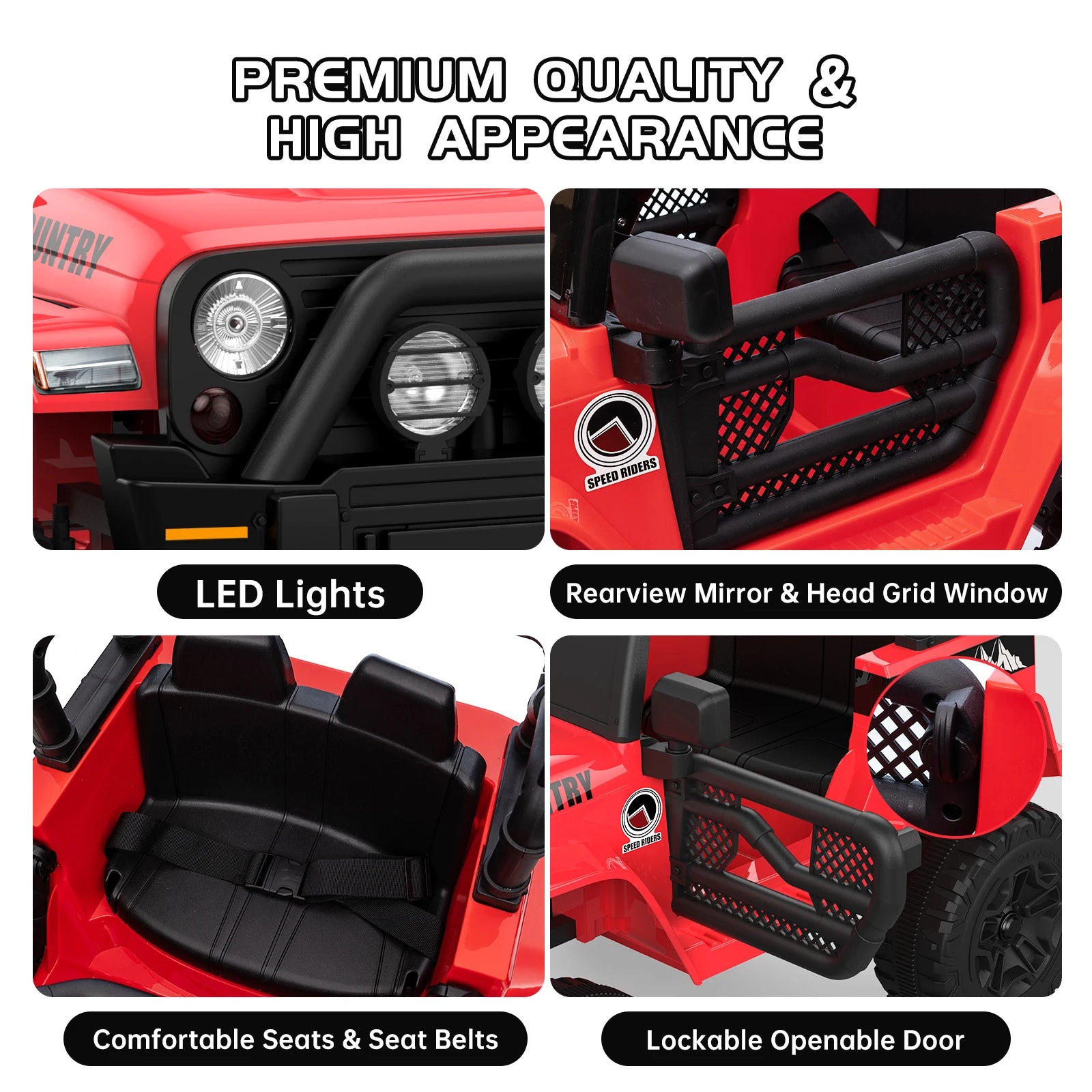 12V 2 Seater Kids Ride On Truck With Parent Remote Control, Electric Car With 2 Speeds, LED Lights, Bluetooth, USB, MP3, Lockable Doors