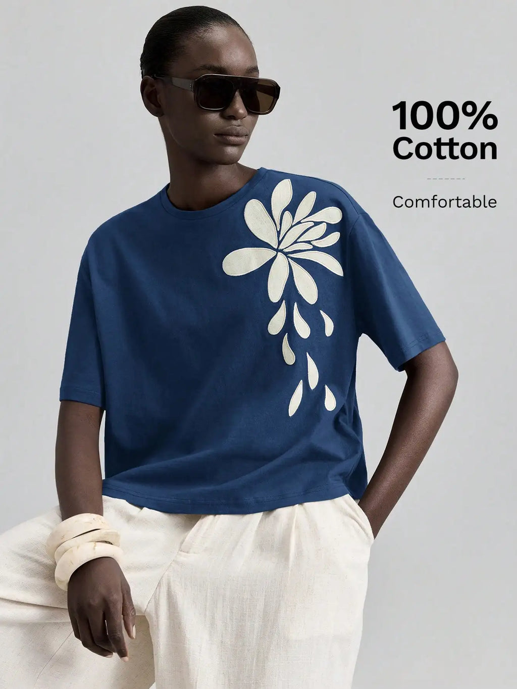 White Embroidered Floral Tee Short Sleeve Crew Neck Loose Comfortable Cotton T-Shirt