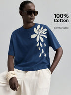 White Embroidered Floral Tee Short Sleeve Crew Neck Loose Comfortable Cotton T-Shirt