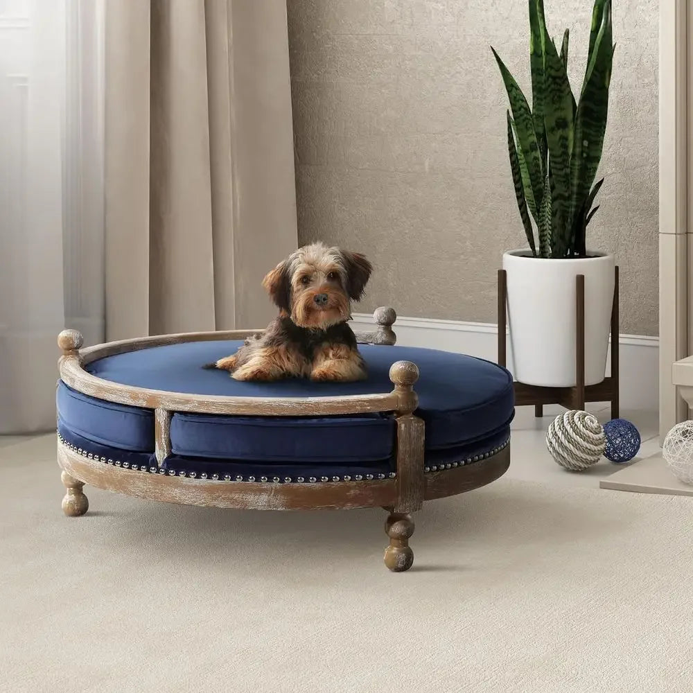 Handcrafted Weathered Oak Dog Bed with Removable Waterproof Velvet Cushion, Navy Blue