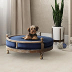 Handcrafted Weathered Oak Dog Bed with Removable Waterproof Velvet Cushion, Navy Blue