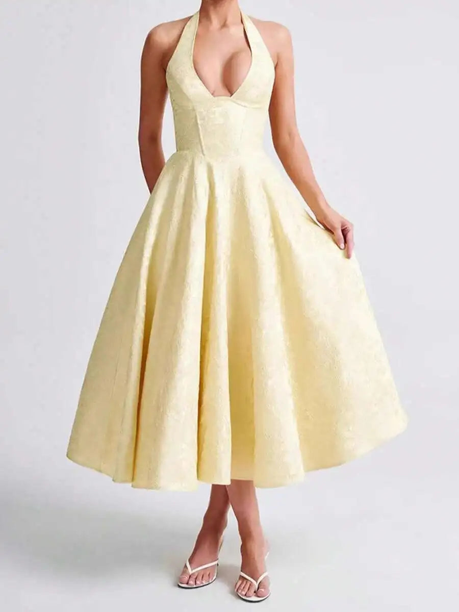 Women Jacquard Halter A-Line Tea-Length Dress For Evening Party