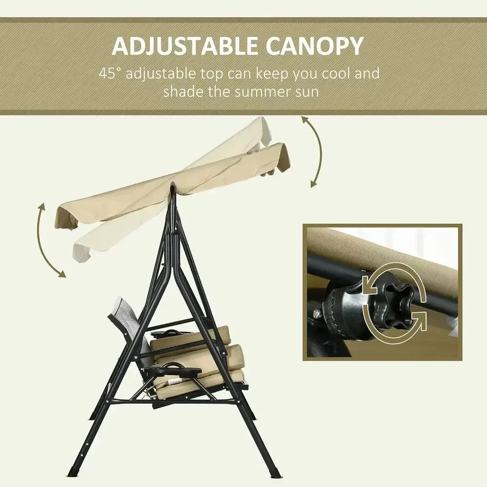 3-Seat Outdoor Swing with Adjustable Shade, Removable Cushion, and Rattan Seat for Garden, Porch, Backyard, Poolside