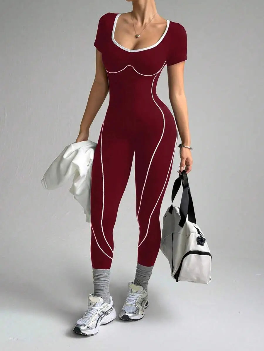 Dewbera Seamless Letter Design Women's Yoga Jumpsuit: Tummy Control Compression Activewear for Running & Fitness