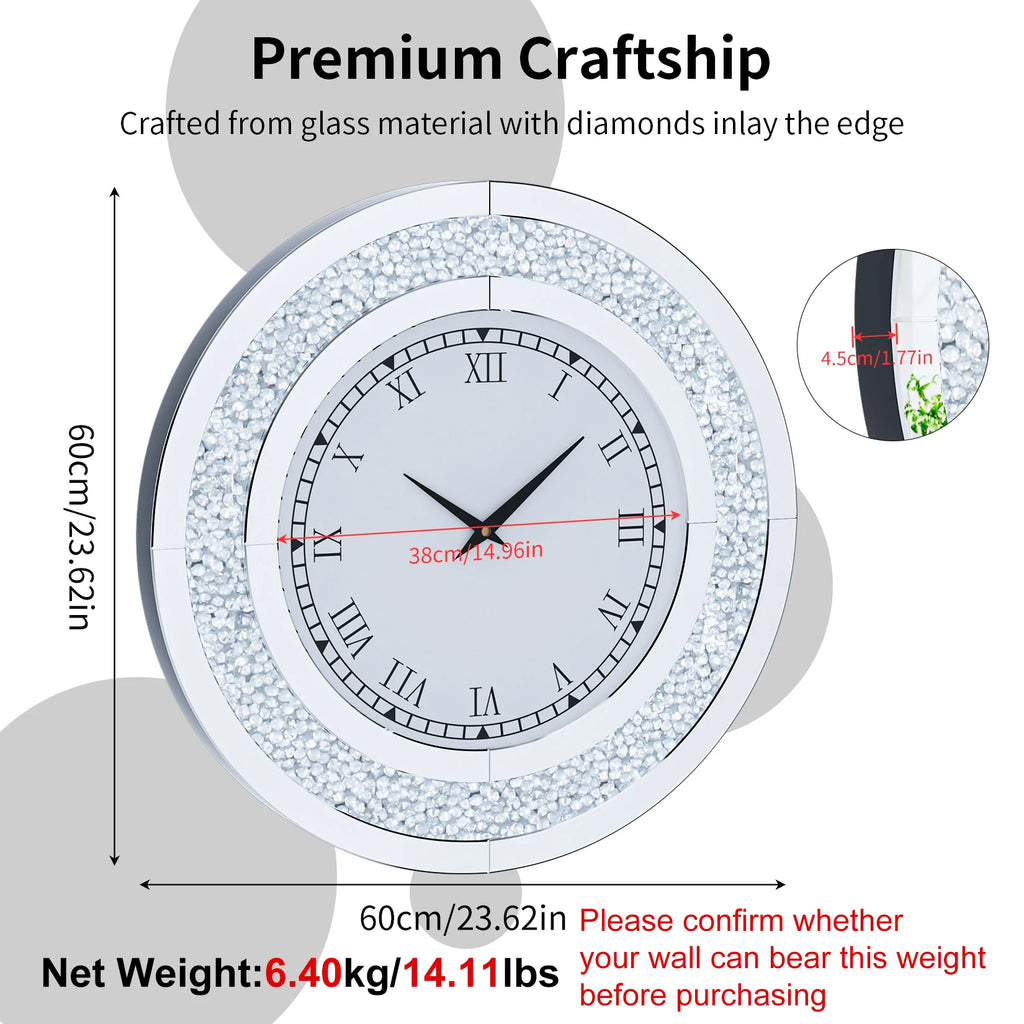 Large Mirror Wall Clock with Crushed Diamond Edge, Sparkling Bling Bling Crystal Round Clock for Living Room, Luxury Glamorous Home Decor, Silent Non-Ticking Quartz, Silver/Tawny Roman Numeral Modern Wall Art