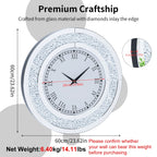 Large Mirror Wall Clock with Crushed Diamond Edge, Sparkling Bling Bling Crystal Round Clock for Living Room, Luxury Glamorous Home Decor, Silent Non-Ticking Quartz, Silver/Tawny Roman Numeral Modern Wall Art