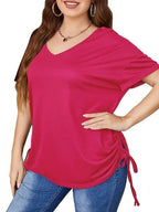 Plus size spring and summer rose pink V-neck drawstring T-shirt loose slimming short sleeve top side drawstring adjustable casual T-shirt