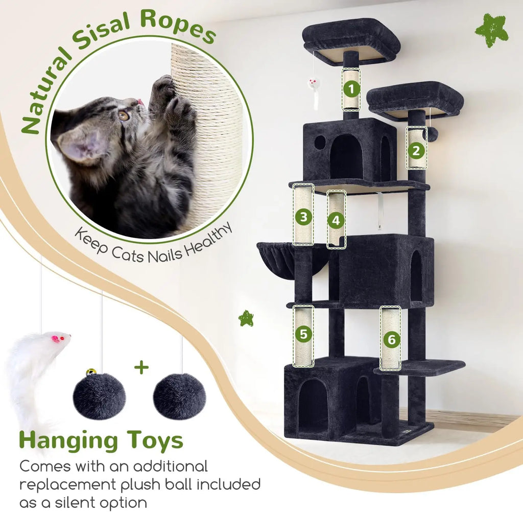 Indoor Use, Multi-Level Cat Tree in Dark Gray, with 3 Condos, Scratching Posts and Soft Extra Large Hanging Basket