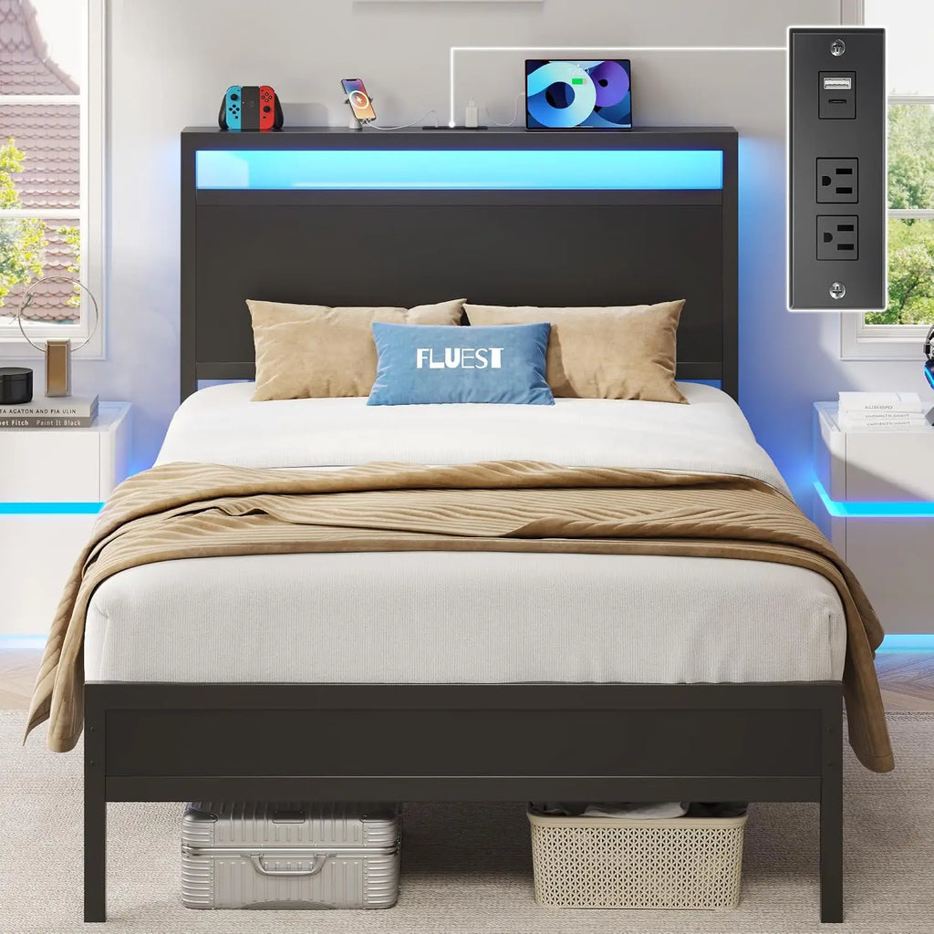 Twin Bed Frame with Headboard & Footboard, Twin Bed Frame with Charging Station & LED Light, Under-Bed-Storage, No, Customized