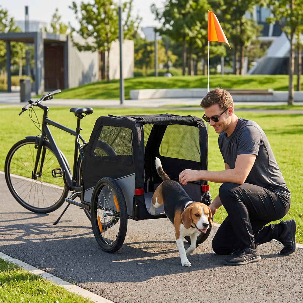 Foldable Dog Bike Trailer, Heavy Duty Steel Frame Pet Bike Carrier, 100 LBS Capacity Oxford Fabric Dog Carrier Bicycle Trailer with Mesh Window Reflectors for Medium Large Dogs & Cats, Black