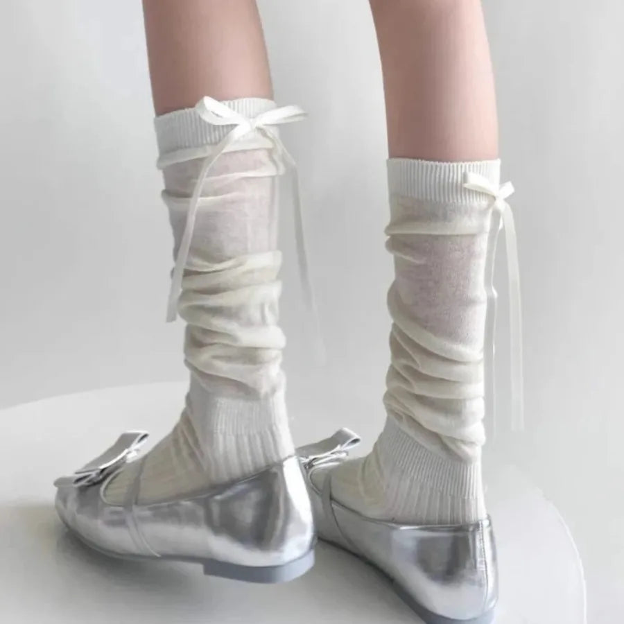 1/2/5 Pairs Lolita Long Socks Women Summer Ultra Thin Breathable Bandage Ribbon Bow Sweet Girls JK Style Black White Stockings