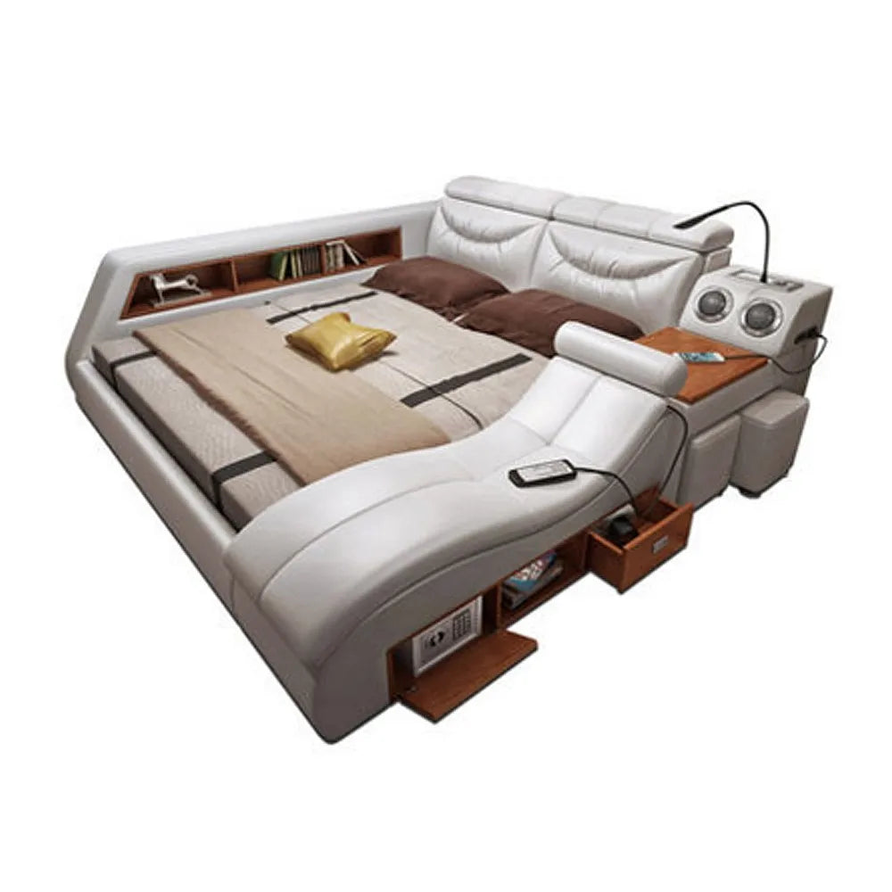Genuine Leather Bed Frame with Massager, Storage, Safe, Speaker & LED Light, Soft Bed for Bedroom Furniture