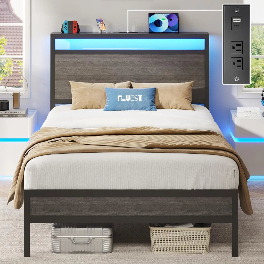 Twin Bed Frame with Headboard & Footboard, Twin Bed Frame with Charging Station & LED Light, Under-Bed-Storage, No, Customized