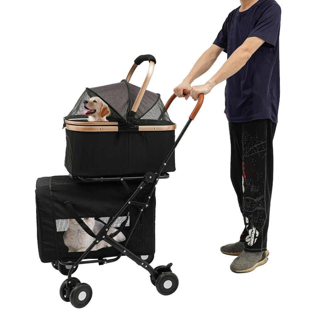 Black Two-Tier Dog and Cat Stroller, Foldable Stroller Dog Buggy Small Dogs, for Small and Medium-Sized Hu
