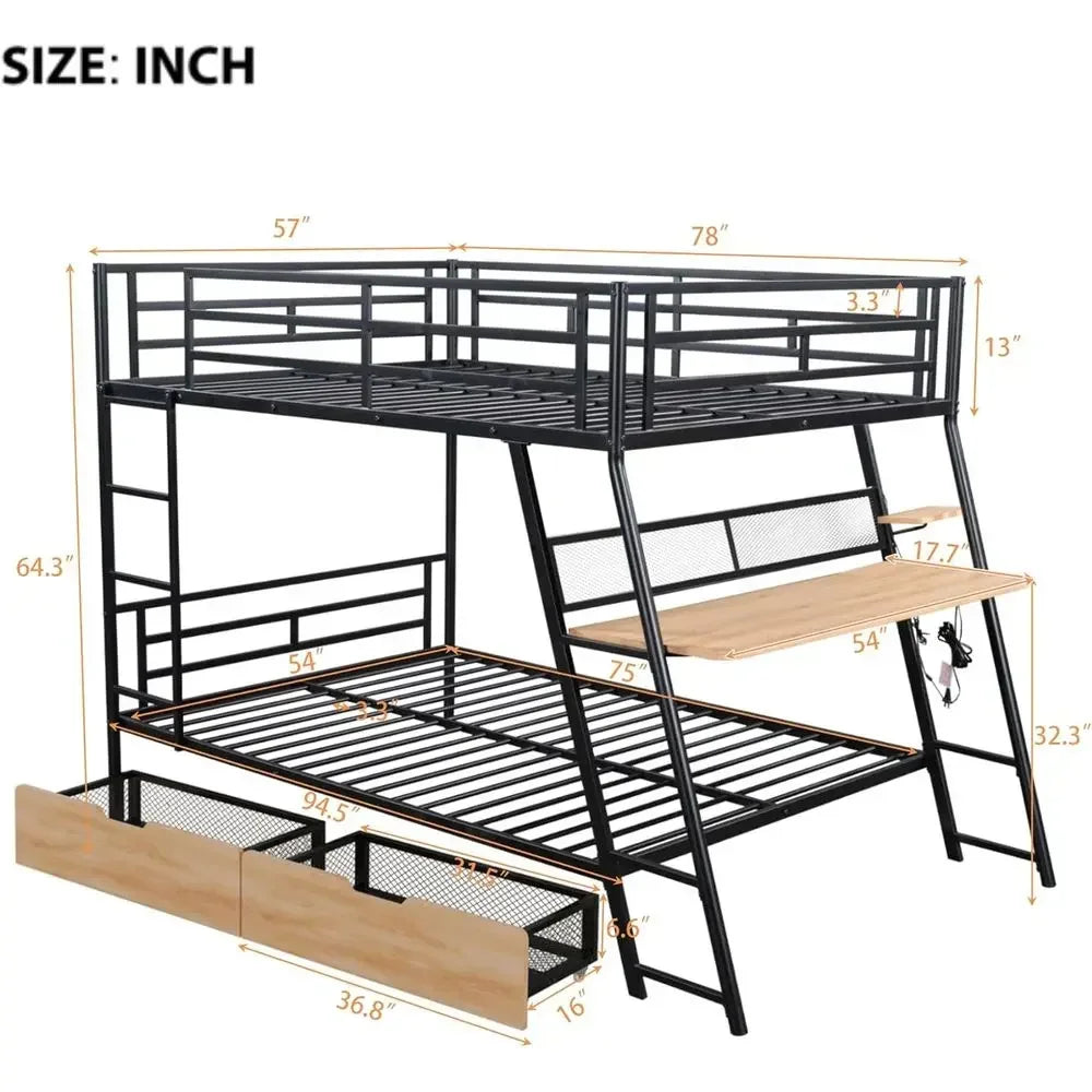 Double Deck Bunk Bed with Integrated Desk, Lights, and Storage Drawers, No Box Spring Needed, Black