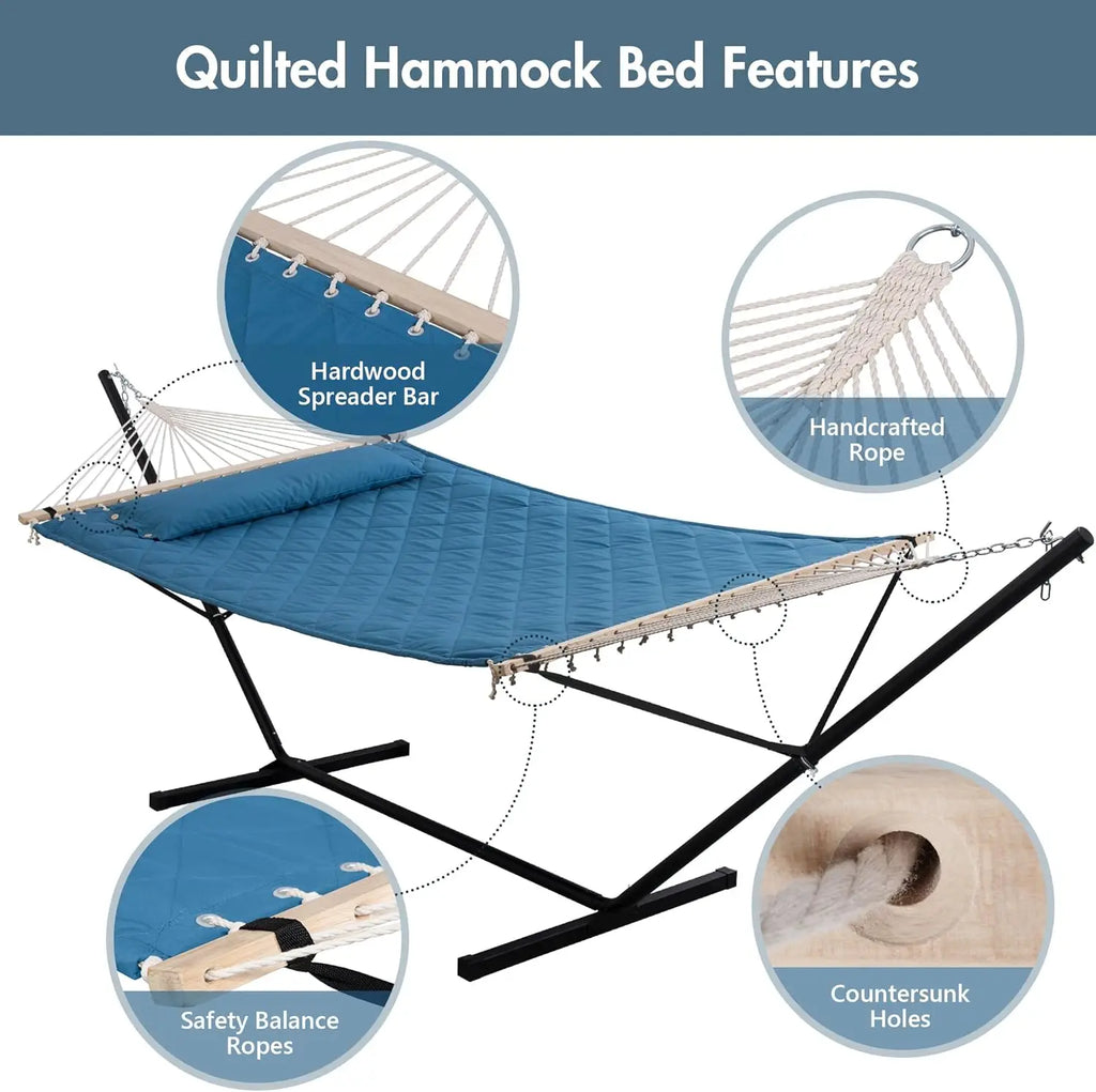 Outside Blue Double Quilted Hammock with 12 Feet Heavy Duty Steel Stand, 450 LBS Weight Capacity