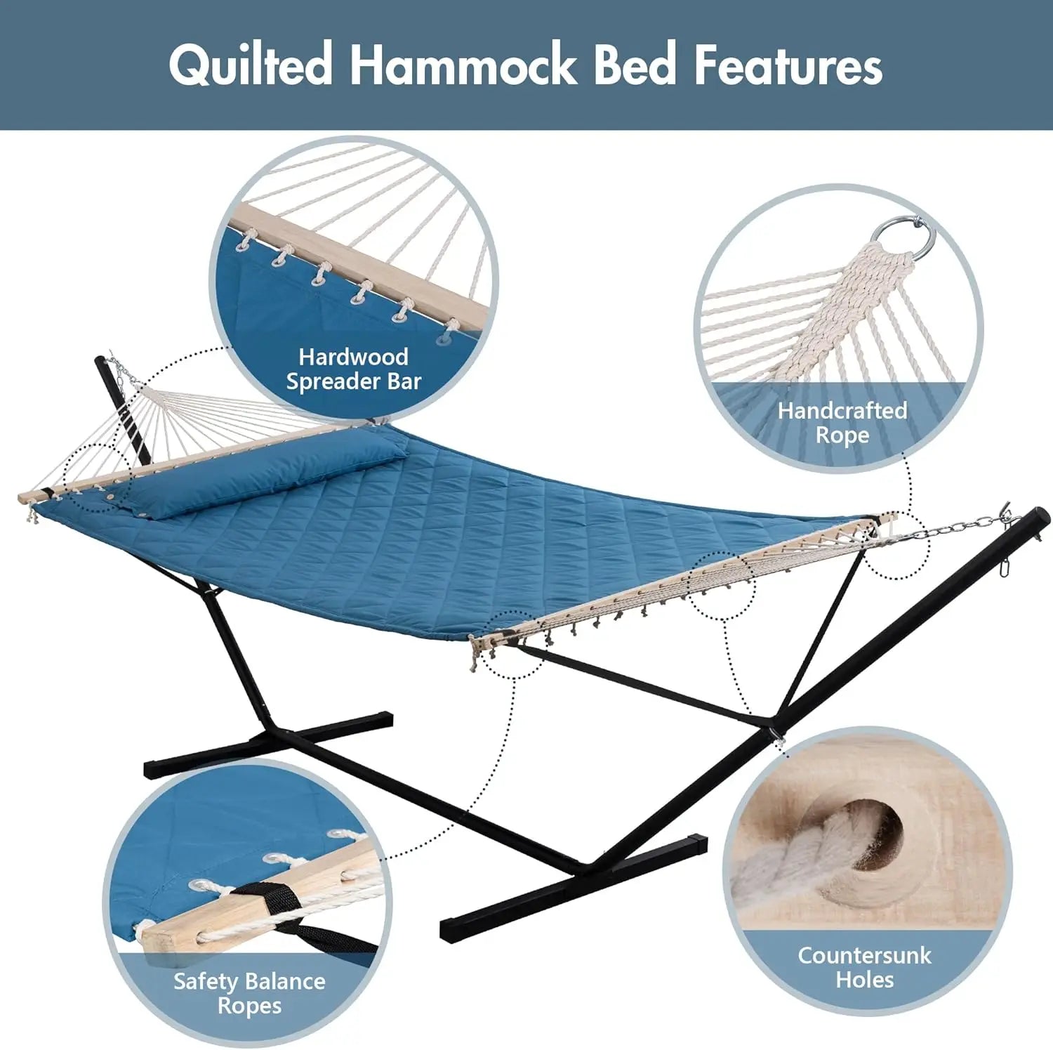 Outside Blue Double Quilted Hammock with 12 Feet Heavy Duty Steel Stand, 450 LBS Weight Capacity